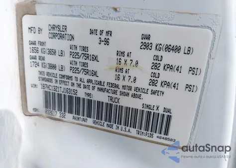 1996 Dodge Ram 1500 z USA, uszkodzony, nr VIN 1B7HC13Z1TJ163152